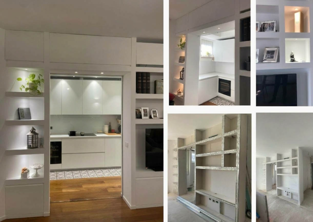 Interior Design_01-PF-Archistudio Composizione di cinque immagini con libreria su misura a nicchie illuminate, cucina e dettagli d'arredo