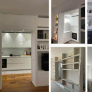 Composizione di cinque immagini con libreria su misura a nicchie illuminate, cucina e dettagli d'arredo
