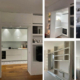 Composizione di cinque immagini con libreria su misura a nicchie illuminate, cucina e dettagli d'arredo