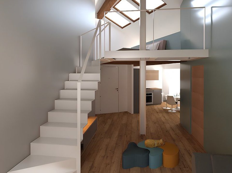 Centro Storico di Monza_04-PF-Archistudio Render di un soppalco con scala bianca e parquet, con la cucina sullo sfondo