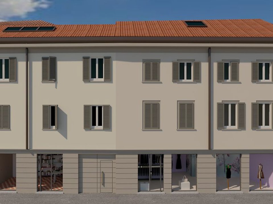 Centro Storico di Monza_06-PF-Archistudio Render della facciata con persiane grigie, tetto in coppi e vetrine al piano terra