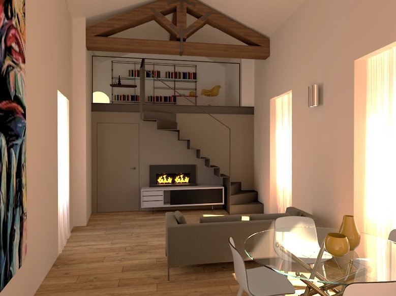Centro Storico di Monza_08-PF-Archistudio Render di un soggiorno con soppalco, travi di legno a vista, camino e divano