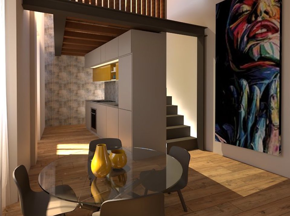 Centro Storico di Monza_09-PF-Archistudio Render della zona pranzo con tavolo di vetro, cucina a parete e scala che sale al soppalco