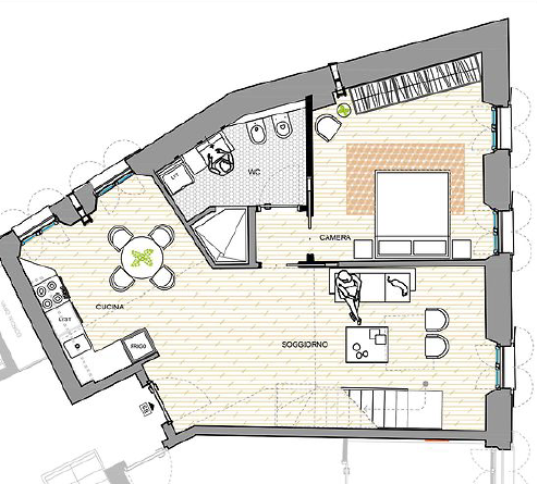 Centro Storico di Monza_10-PF-Archistudio Planimetria dell'appartamento con soggiorno, cucina, camera e bagno