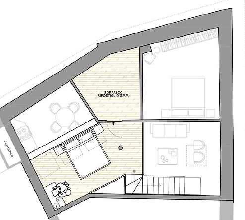 Centro Storico di Monza_11-PF-Archistudio Planimetria del livello soppalco con la zona notte