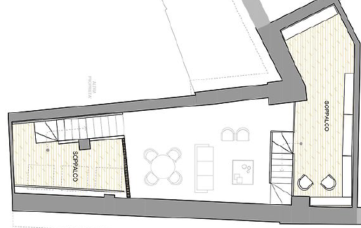 Centro Storico di Monza_12-PF-Archistudio Planimetria di un appartamento con due soppalchi e zona giorno centrale