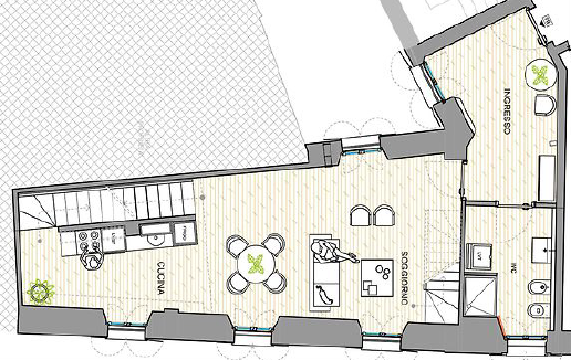 Centro Storico di Monza_13-PF-Archistudio Planimetria di un appartamento con cucina, soggiorno, ingresso e bagno