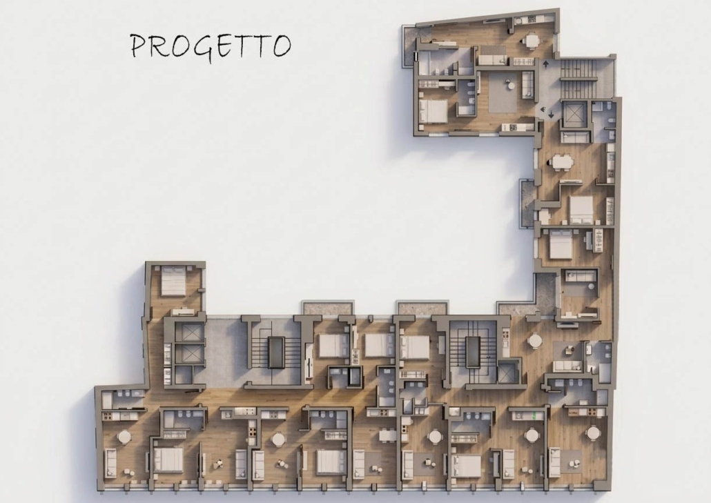 Centro Storico di Milano_09-PF-Archistudio Planimetria renderizzata del progetto di un piano con più appartamenti