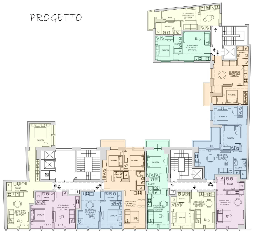 Centro Storico di Milano_10-PF-Archistudio Planimetria colorata del progetto, con gli appartamenti distinti per tipologia