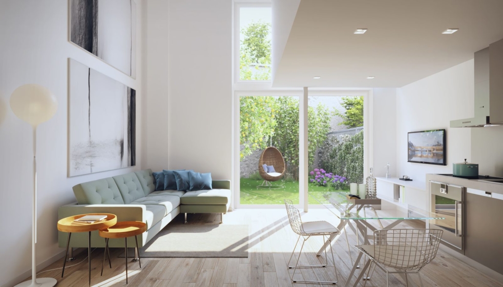 Città Studi Milano_01-PF-Archistudio Render del soggiorno con divano verde, tavolo da pranzo e vetrata sul giardino