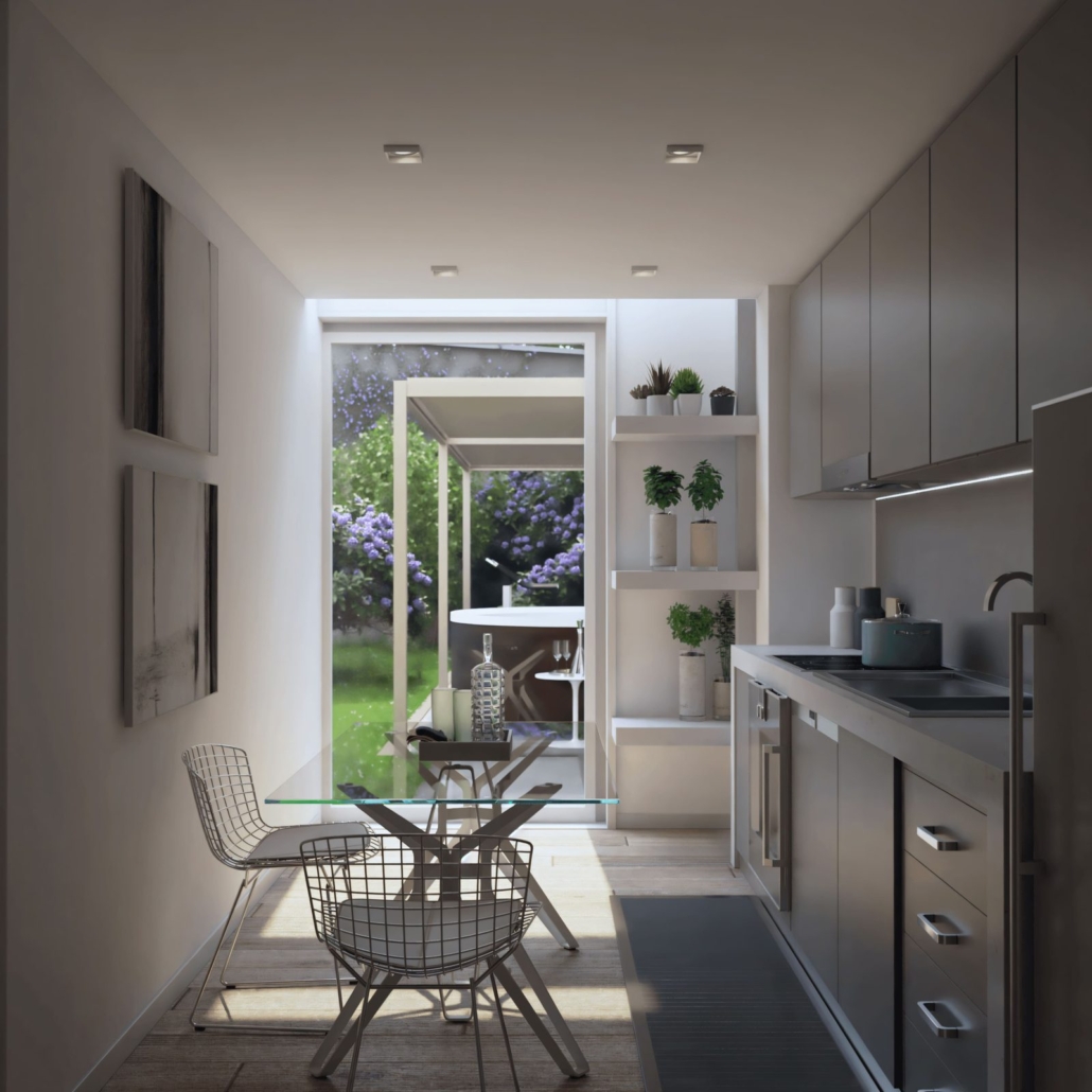 Città Studi Milano_02-PF-Archistudio Render di cucina e zona pranzo con tavolo di vetro, aperte sul giardino