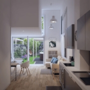 Render dell'ambiente a doppia altezza con zona giorno, cucina e vetrata sul giardino