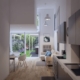Render dell'ambiente a doppia altezza con zona giorno, cucina e vetrata sul giardino