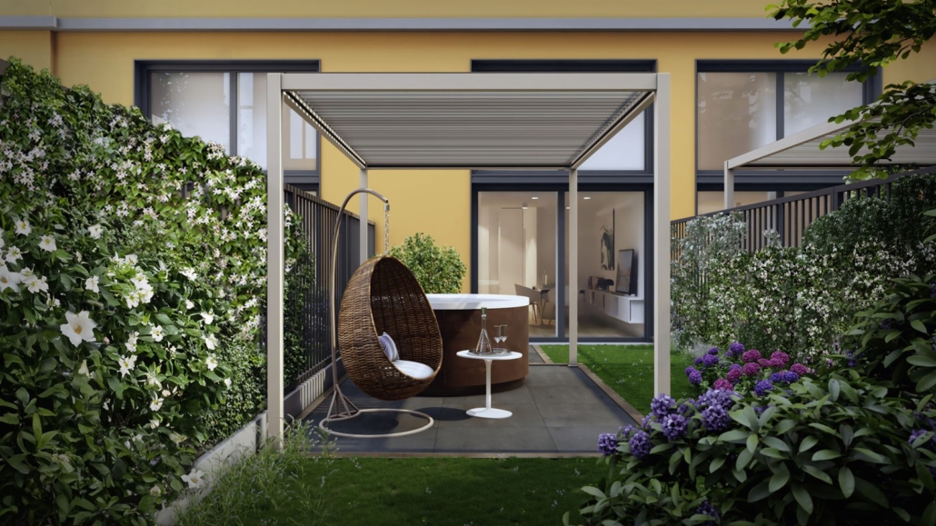 Città Studi Milano_04-PF-Archistudio Render del giardino con pergola, poltrona sospesa di vimini e area relax