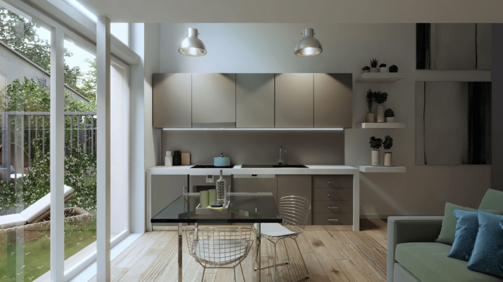 Città Studi Milano_05-PF-Archistudio Render di cucina e zona pranzo con grandi vetrate sul giardino