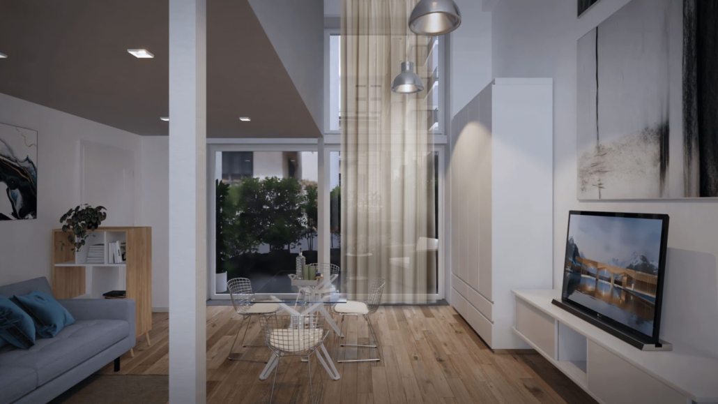 Città Studi Milano_06-PF-Archistudio Render del soggiorno con divano, televisore a parete e vetrata sul giardino